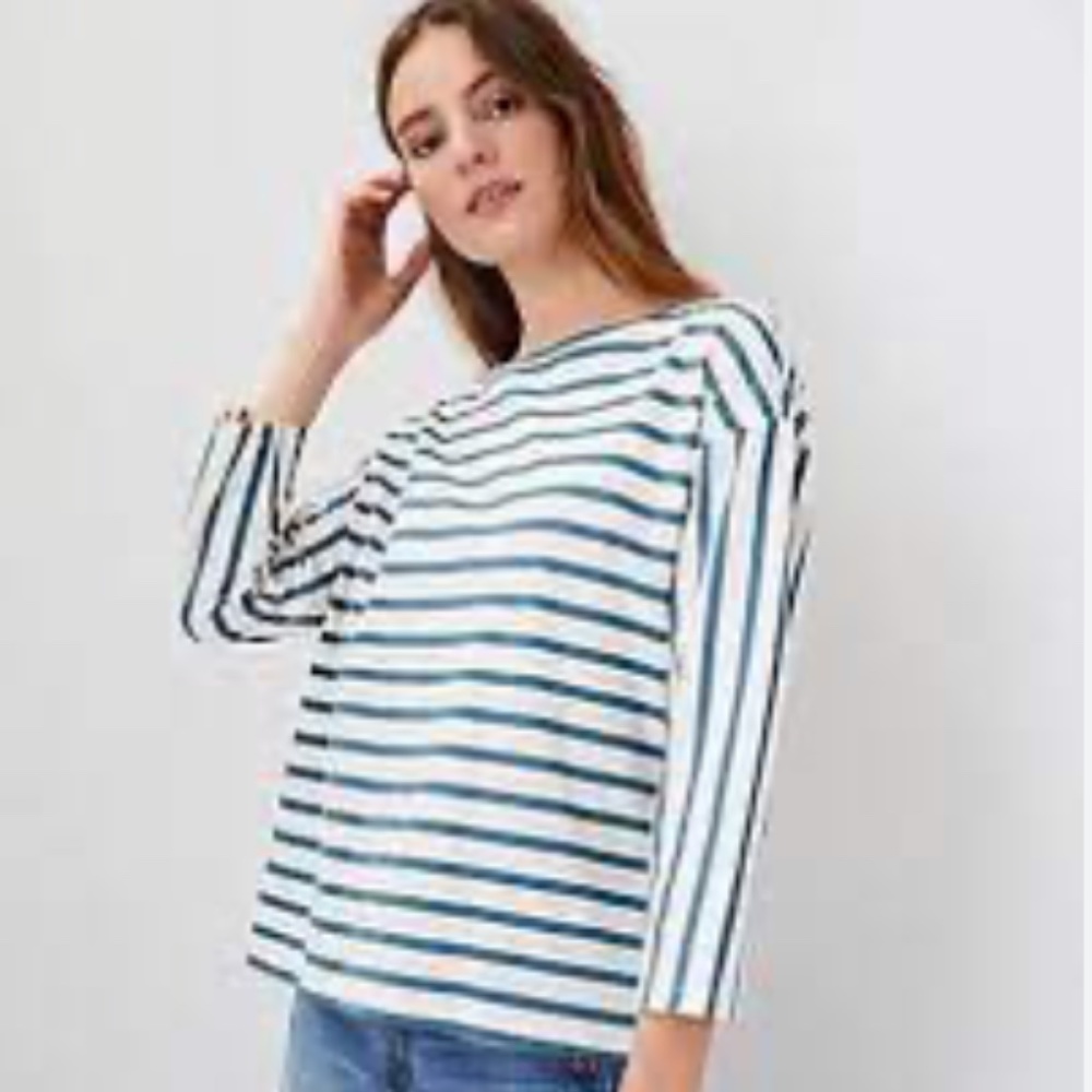 ANN TAYLOR Striped Pima Cotton Top In Teal Frost